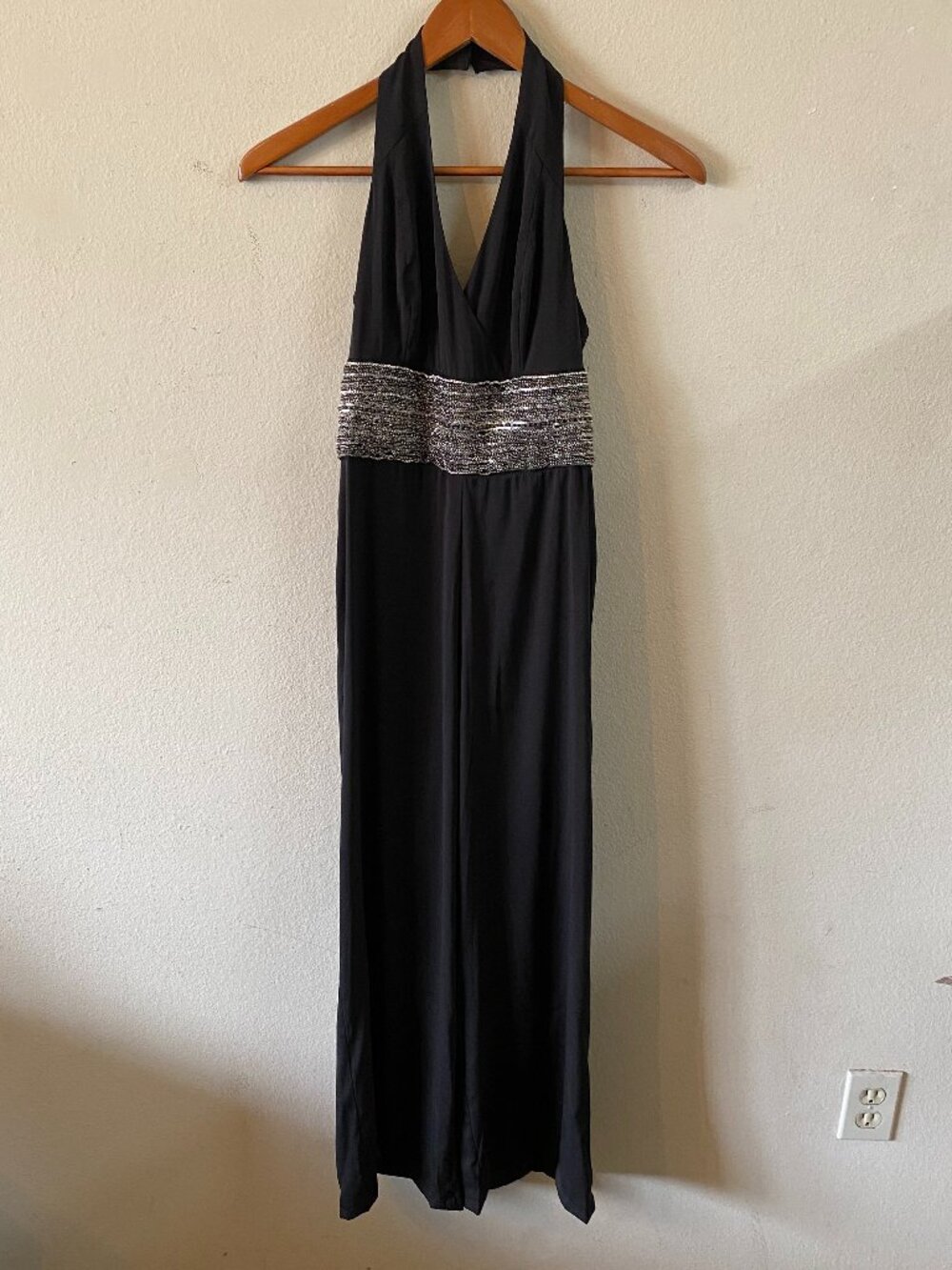BEBE SMALL BLACK FORMAL HALTER-NECK WIDE-LEG EVENING JUMPSUIT